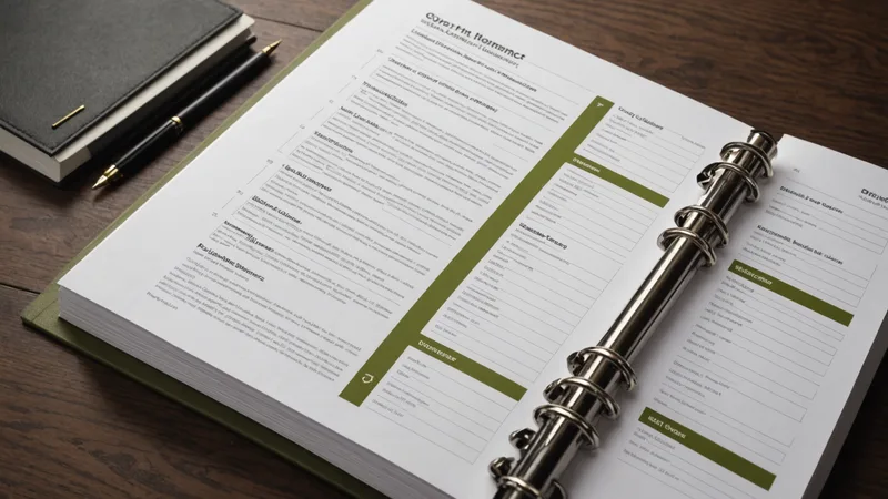 Policy register document binder open to structured table of compliance requirements